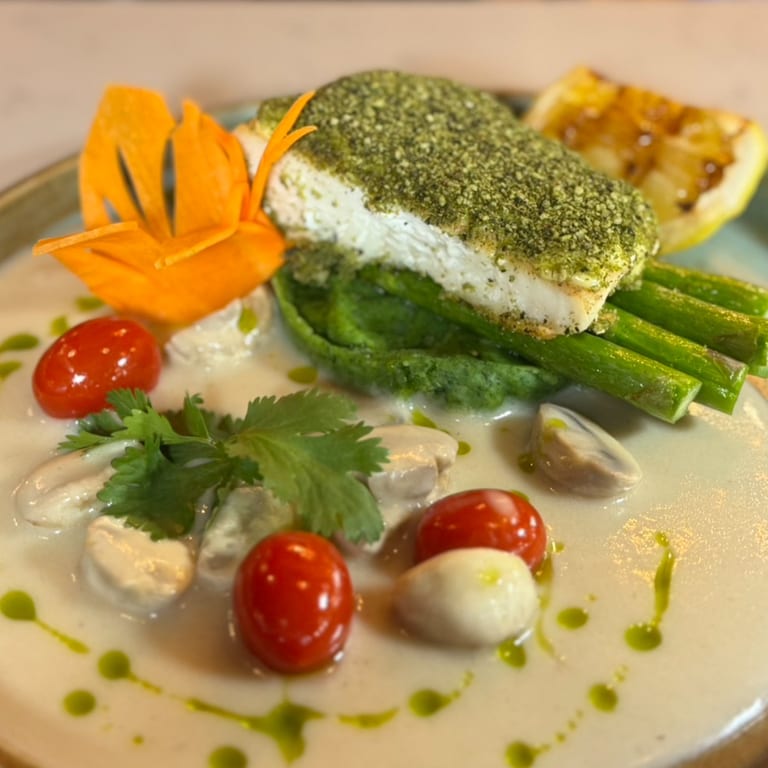 Basil-Crusted Halibut  in White Coconut Sauce